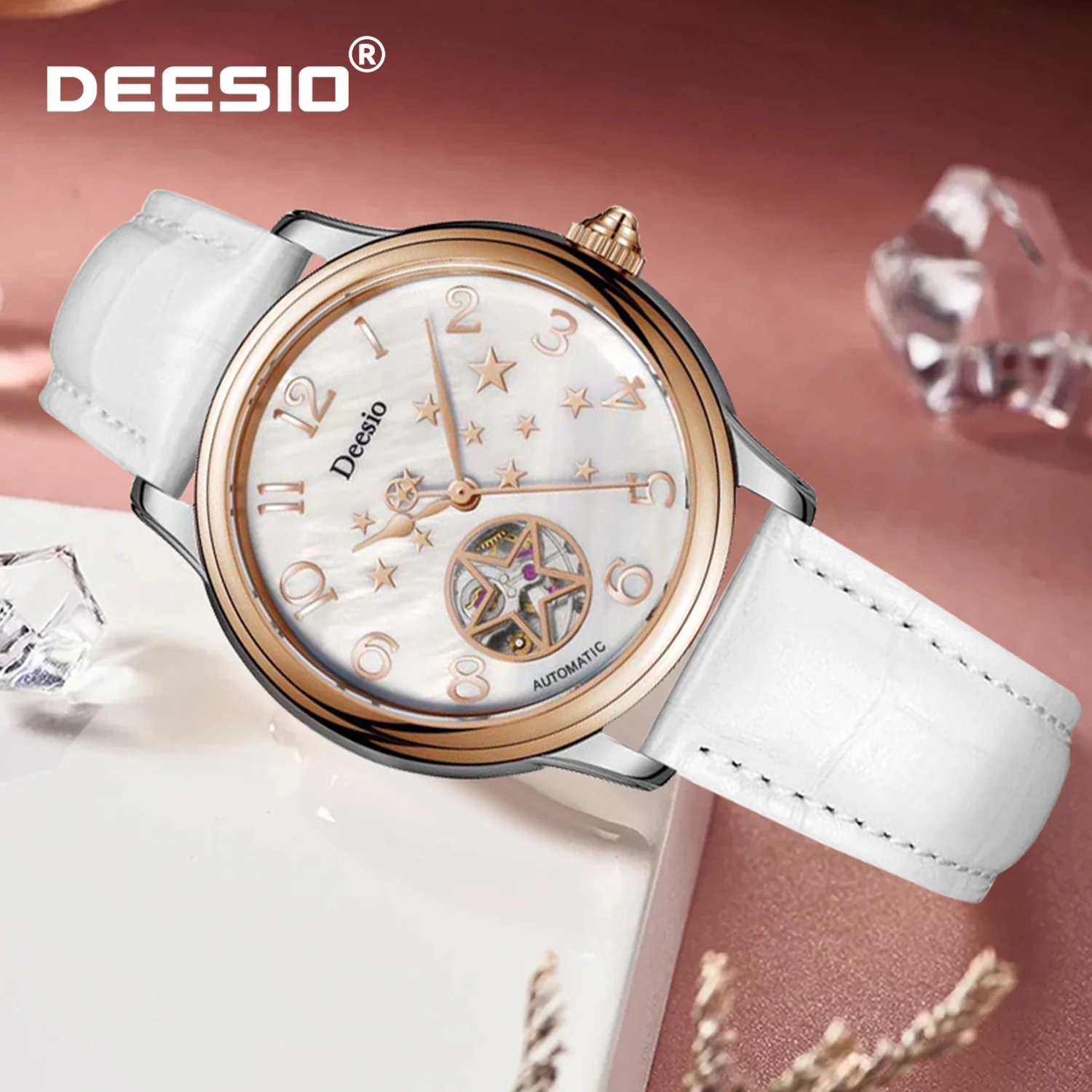 Deesio Women's Automatic Mechanical Watch Skeleton Dial Luxury Stainless Steel Band 50M Waterproof Dress Wristwatch Gift for Her