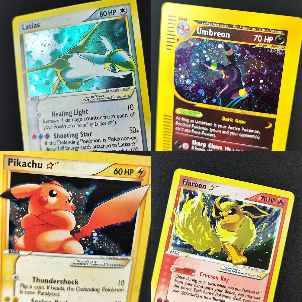 لتقوم بها بنفسك Proxy PTCG الإنجليزية Umbreon Charizard Rayquaza Lugia Mewtwo Pikachu Torchic Espeon الذهب ستار هواية جمع بطاقة فلاش لعبة