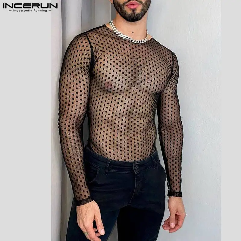 INCERUN Men T Shirt Polka Dot Printing Mesh Transparent O-neck Long Sleeve Men Clothing Streetwear 2024 Fashion Party Camisetas