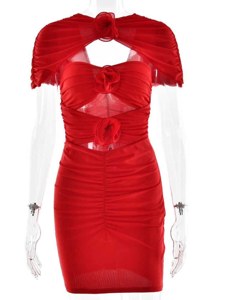 줄리사 MO 섹시 홀터넥 3D 플라워 여성 드레스 라운드넥 러플 미니 드레스 여름 슬림 엘레강스 파티 클럽 드레스 2025