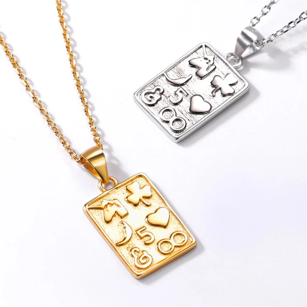 Gold Plated Poker Pendant Necklace Silver 925 Square Playing Card Lucky Charm Necklace Punk Rock Jewelry for Women