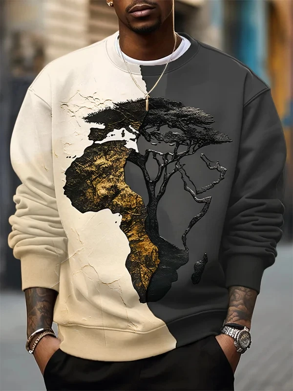 Moletom masculino arte 3d divisão árvore padrão manga longa impressão camiseta solta em torno do pescoço com capuz tamanho grande roupas masculinas to