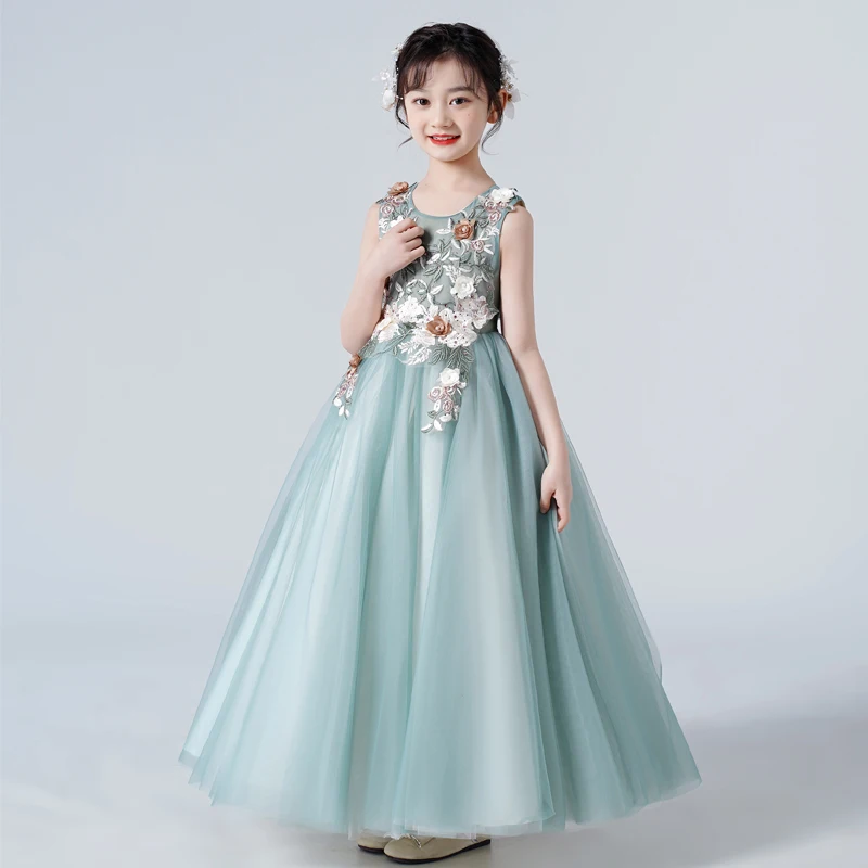 Child Girl Dress Flower Mesh Sleeveless Costume Princess Dress Sweet Tutu Skirt Summer White Green One Piece