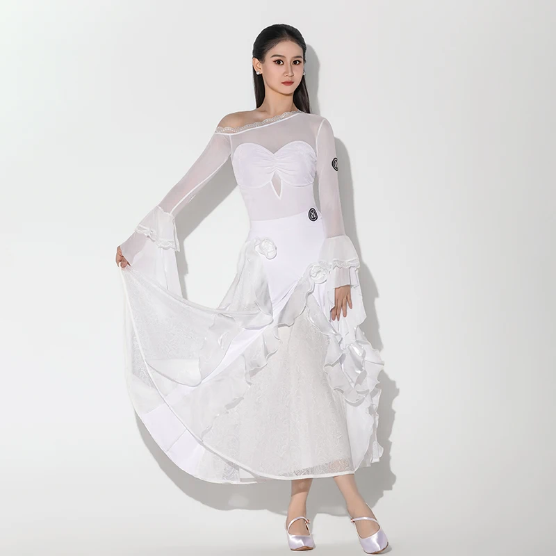 2026 neue Ballroom Dance Wettbewerb Kleidung Für Frauen Lange Ärmeln Lotus Blatt Rand Blume Röcke Anzug Erwachsene Modern Dance Tragen