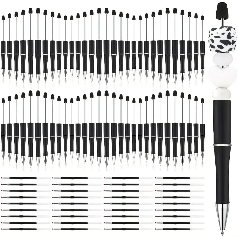 

100 pieces of black plastic beaded pen straps with pen cores, DIY beaded pen sets, suitable office supplies for the workplace.