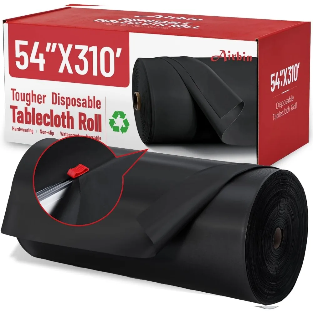 

Premium PEVA Black Disposable Tablecloth Roll - 310 Feet Long x 54 Inches Wide Waterproof Plastic Table Cover