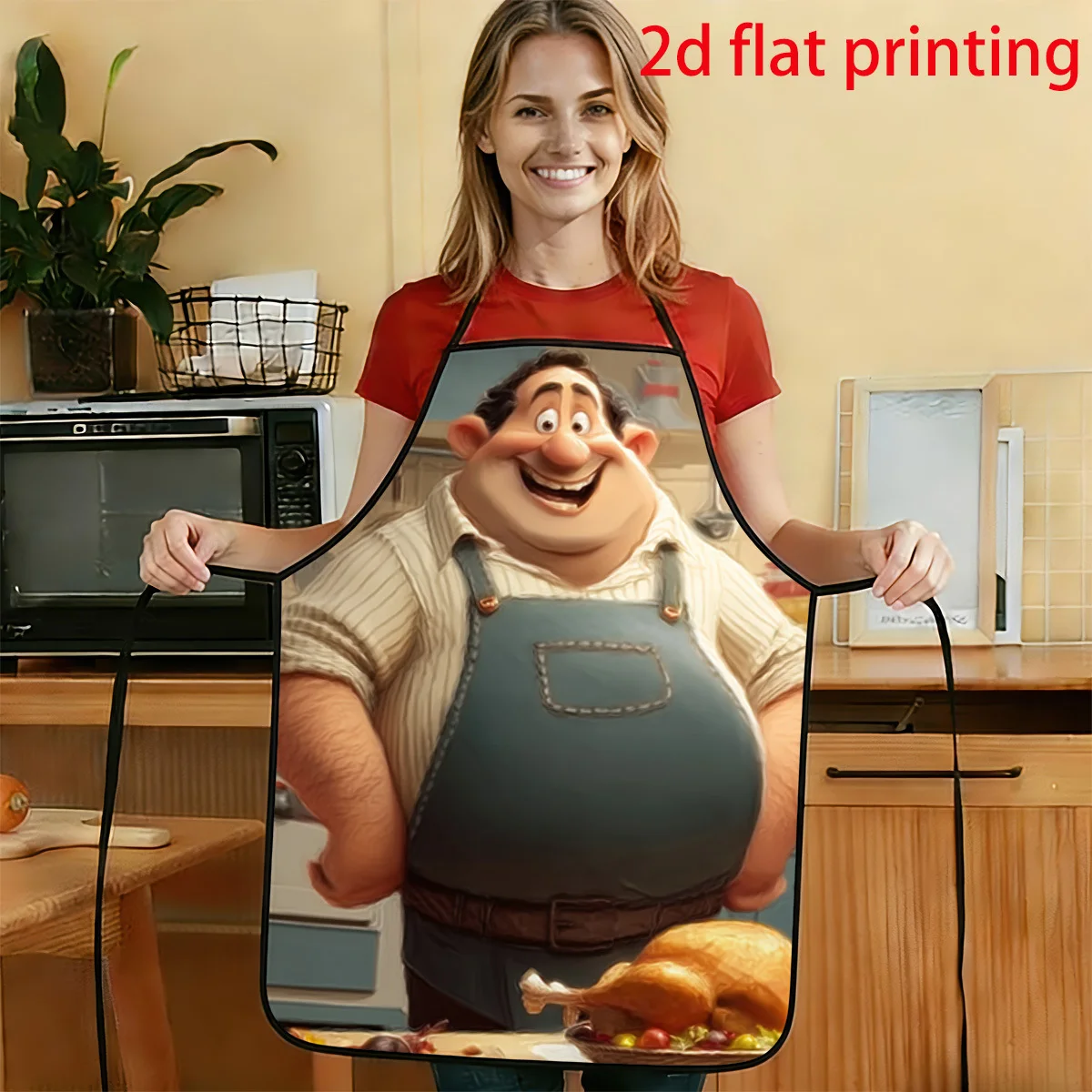 1pc 2D Flat Smiling Fat Kitchen God Printed Apron Durable And Easy To Clean Adjustable Waistband Available In Two Sizes: .6inc