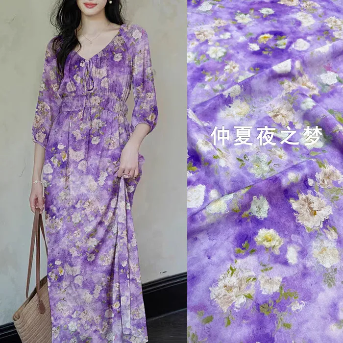 

Purple Romantic Floral Print Silk Stretch Crepe De Chine Fabric Mulberry Silk Material for Dresses 140cm wide blouse