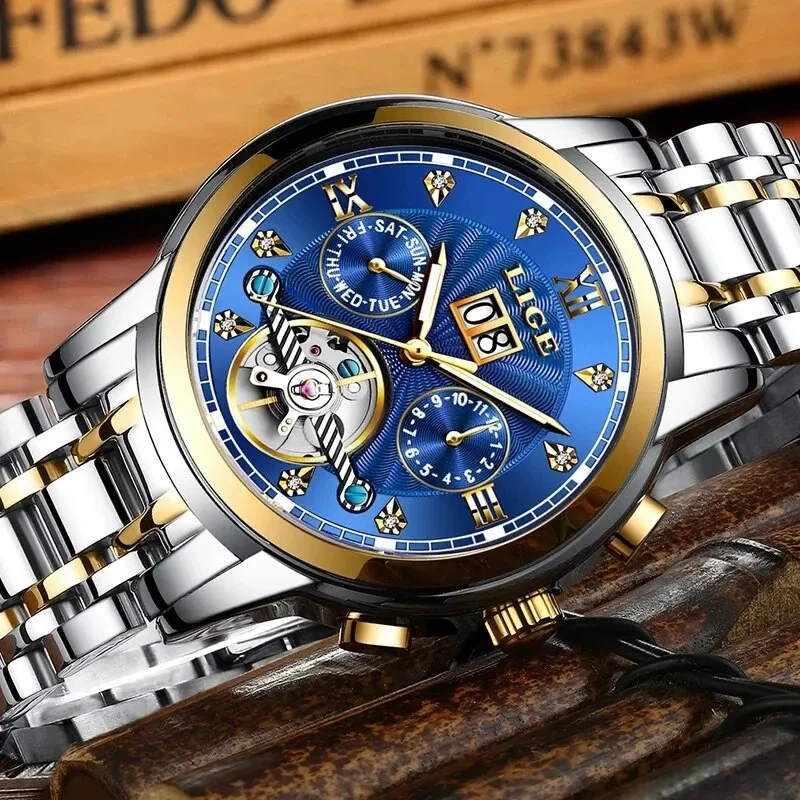 LIGE Automatic Watch Men Tourbillon Watch Luxury Business Mechanical Watches Men Stainless Steel Sports Clock Relogios Masculino