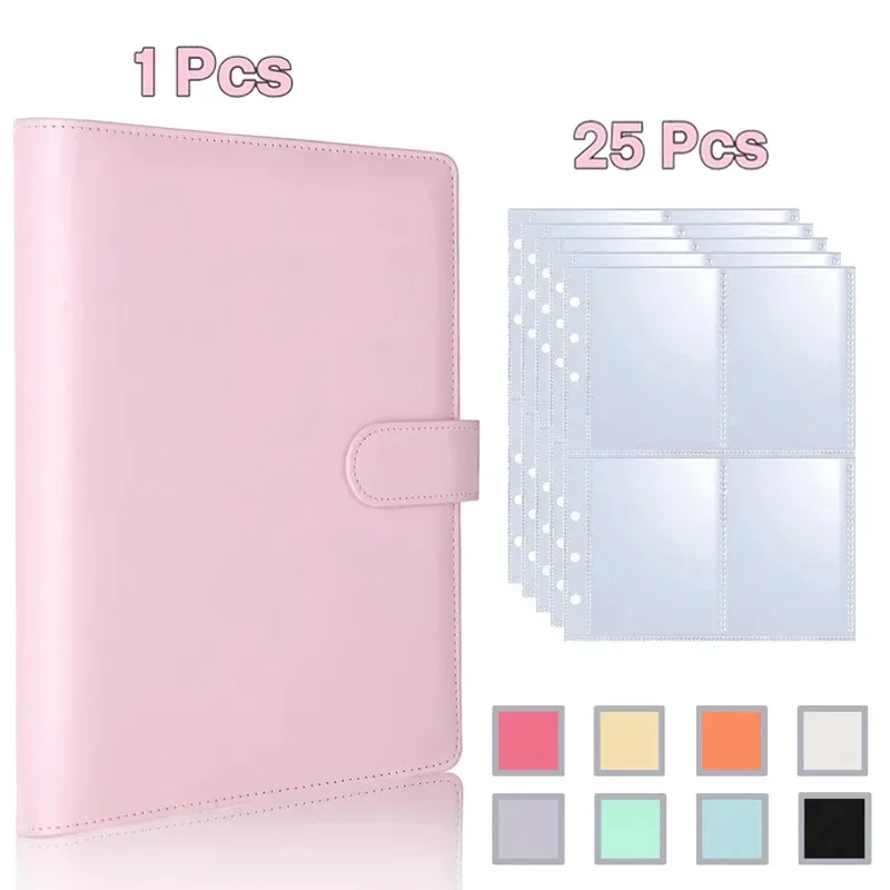 

A5 Notebook Photocard Binder with 4 Pockets Sleeves, 6 Ring PU Leather Binder Loose Leaf Personal Organizer Photo Binder Book
