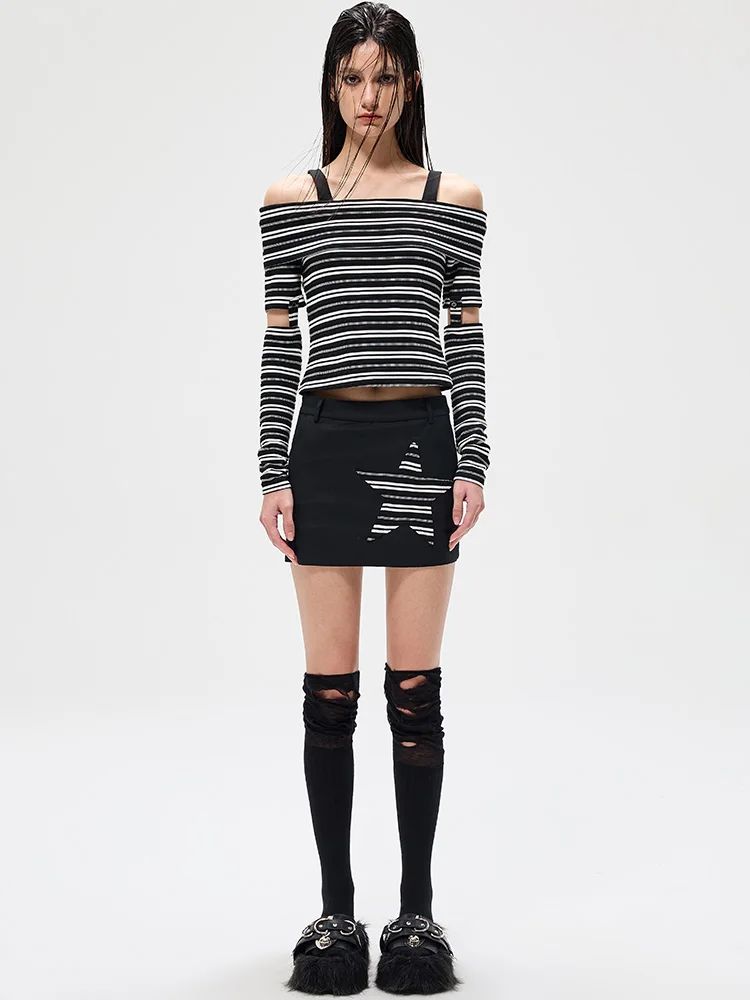

ARRUT Women's Knitted oulder Bared Long Sve T-irt Summer Stripe Vintage Detachable Sve Body Fit Cotton Polyester Blend