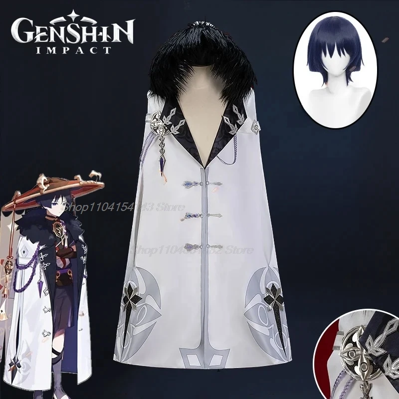 Genshin Impact-disfraz de Scaramouche para hombre y mujer, capa con capucha de pasamontañas, uniforme de Harbingers de Fatui, capa para fiesta de Halloween