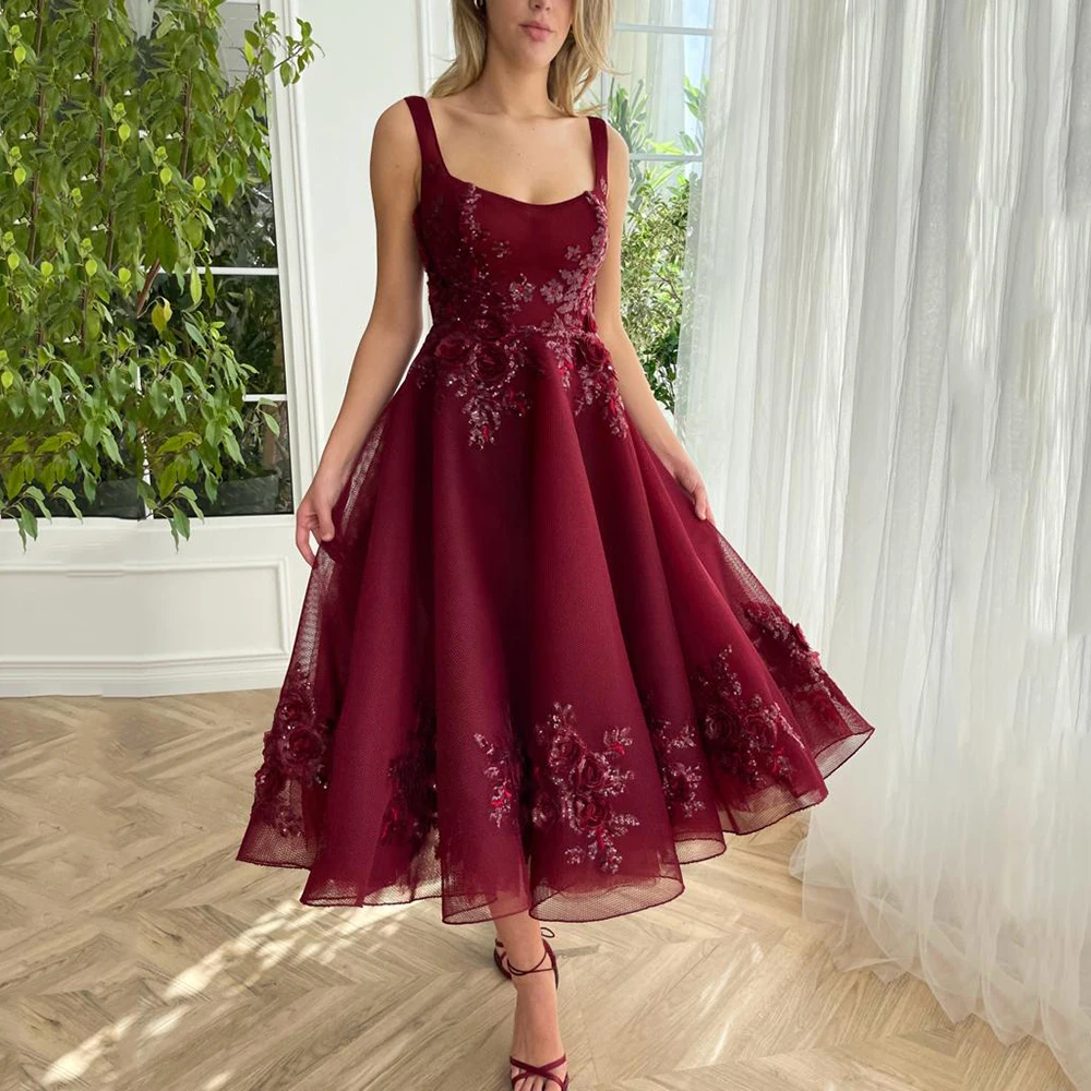 Vintage Tea Length Burgundy Christmas Party Dress Spaghetti Straps A-line Short Lace Prom Gown with Flowers Vestido de Curto