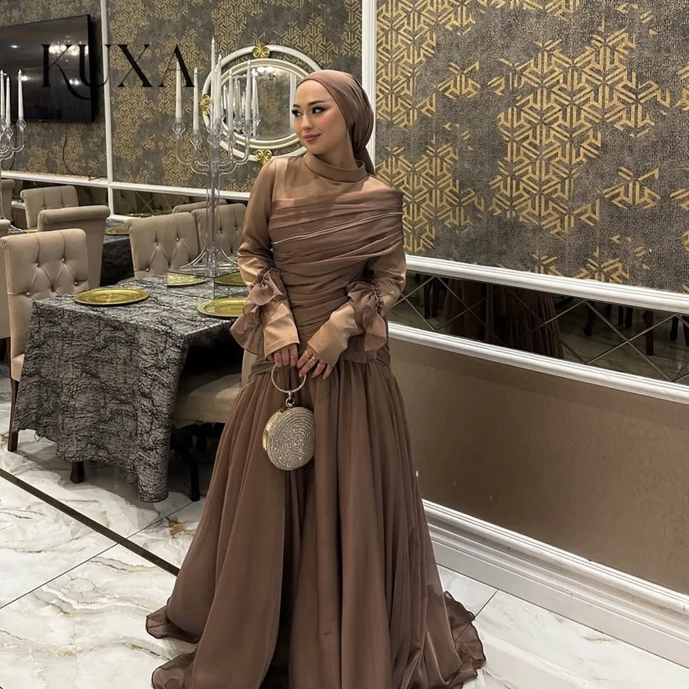 KUXA Maßgeschneiderte A-Linie Elegante Abendkleider für muslimische Frauen, bodenlang, O-Ausschnitt, lange Ärmel, Ballkleider, Robes de Soirée 2026