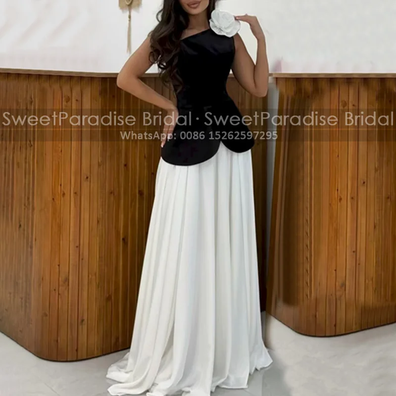 

A Line Long Evening Dress Flower One Shoulder Sleeveless Customized White and Black Prom Dresses Party