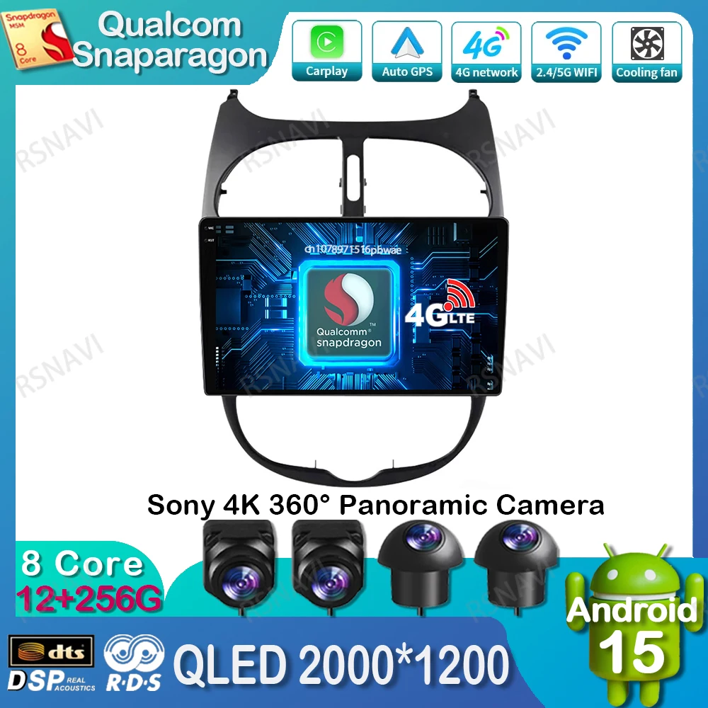 

Android 15 Car Radio For PEUGEOT 206 206CC 206SW 2000-2008 Stereo Autoradio BT GPS Head Unit Wireless Carplay Auto Qualcomm DVD