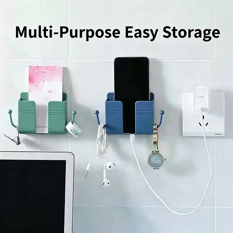 No Drill Wall Storage Rack Multicolor Remote Control Organizer Mobile Phone Charging Holder With Side Hooks For Household view 4
