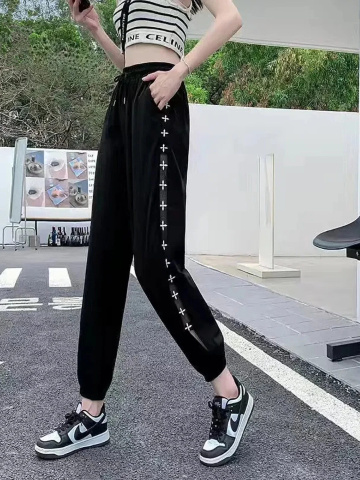 

Женские спортивные брюки из ледяного шелка Qui Dry: летние, тонкие, с вырезами, утягивающие, с защитой от комаров, повседневные брюки-харлан