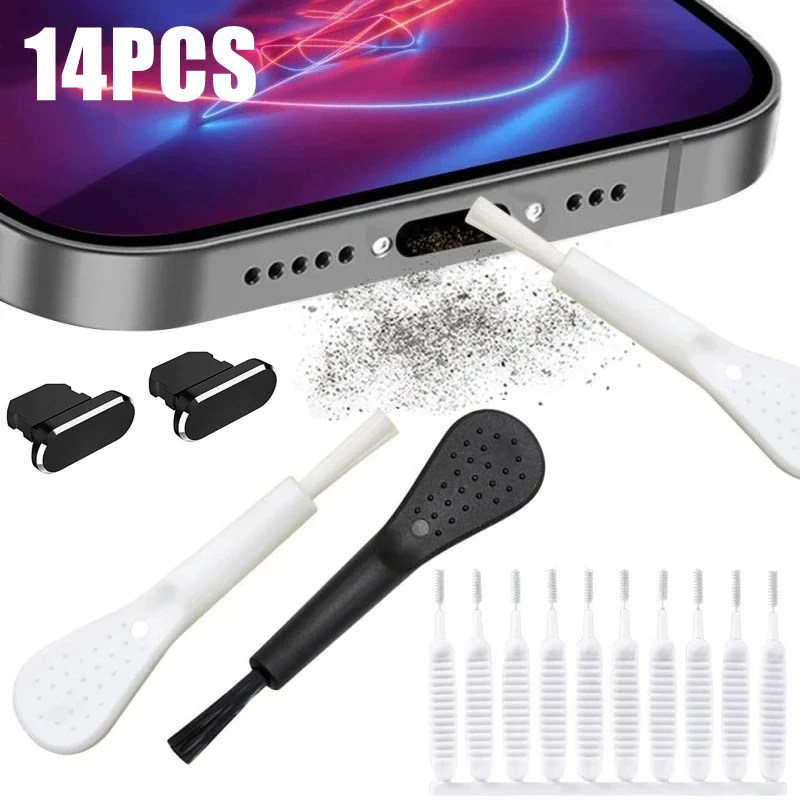 Mobile Phone Charging Port Dust Plug with Cleaning Brush for IPhone 14 13 12 Pro Max Plus Samsung Xiaomi IOS Cleaner 14pcs Set