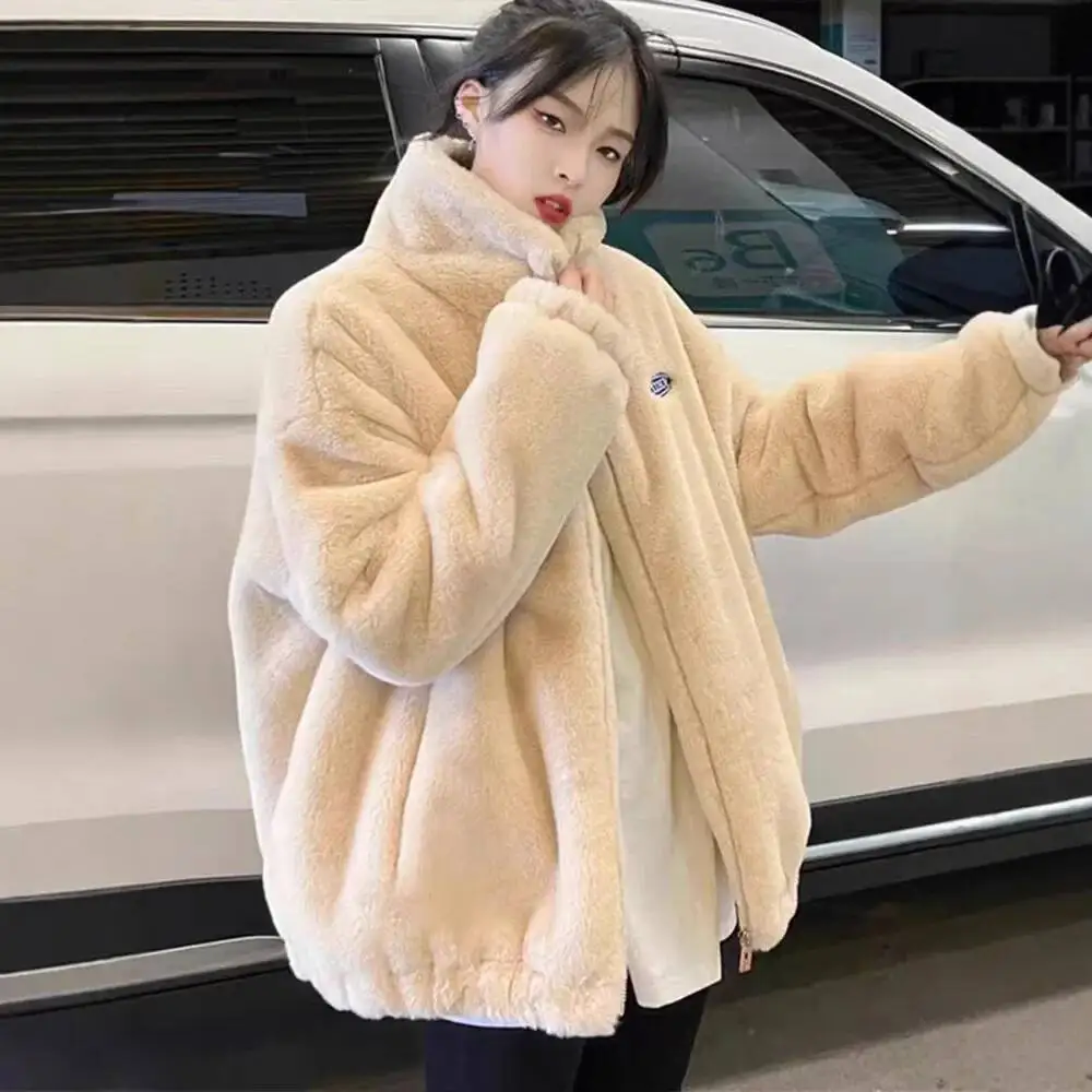 Lamb Fur Jacket Women's Double-Sided Fluffy Thickened Loose Winter Fashion Outerwear Polyester Fiber Stand Collar Full Sleeve