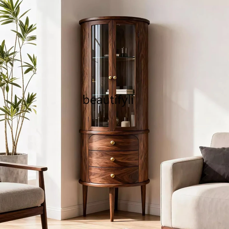 

New Chinese Style North American Black Walnut Glass Wine Cabinet Modern Display Living Room Solid Wood Side Cabinet