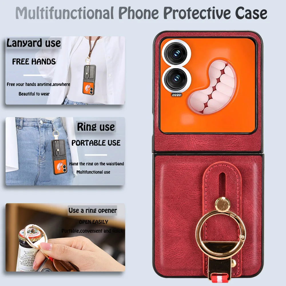 For Infinix Zero FLIP Case Luxury Leather Anti-Slip Flip Phone Case for infinix zero flip Wrist Strap Finger Ring Back Cover