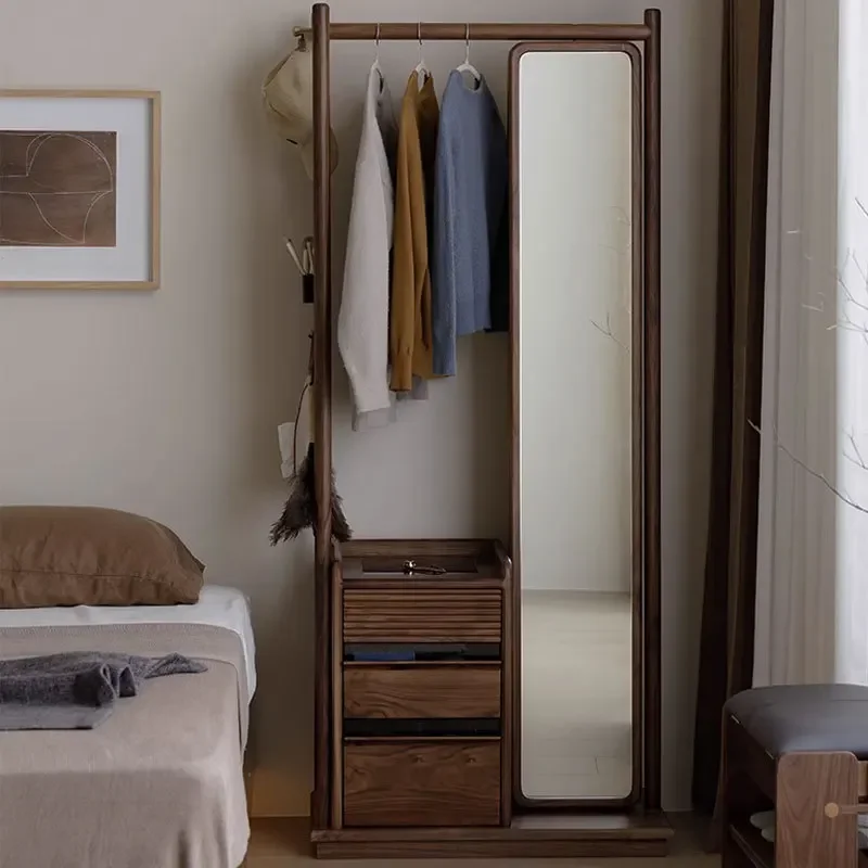 Nordic solid wood black walnut coat rack rotating full-length mirror North American cherry wood