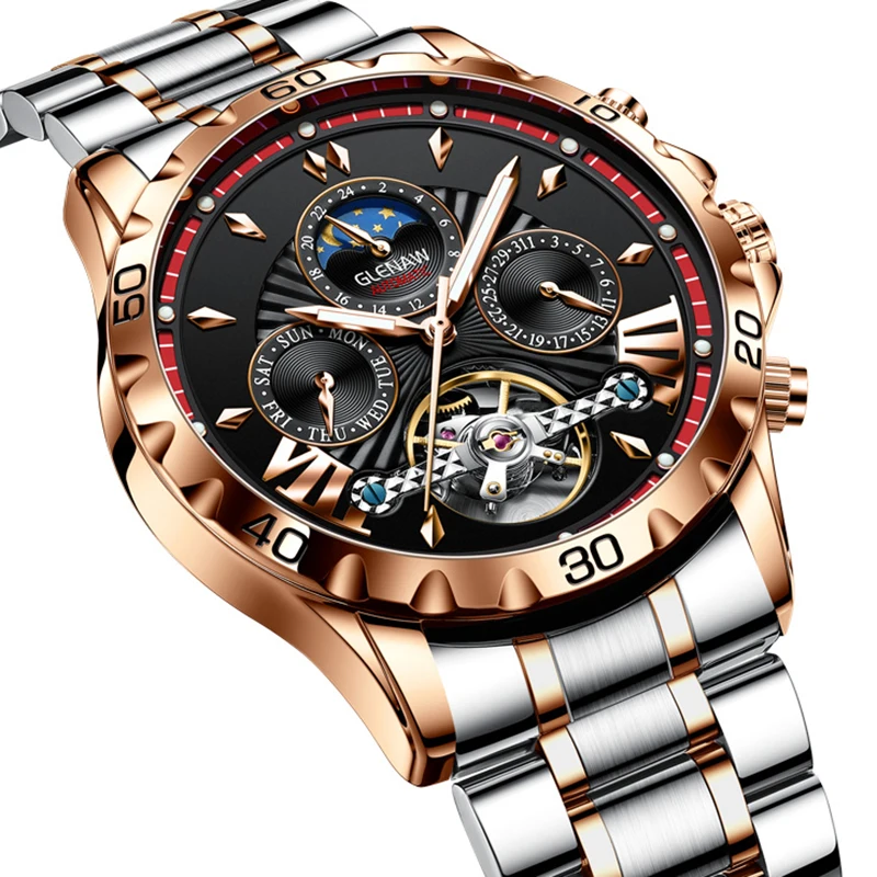 

GLENAW часы мужские деловые повседневные механические часы календарь неделя фаза Луны многофункциональные водонепроницаемые светящиеся из нержавеющей стали