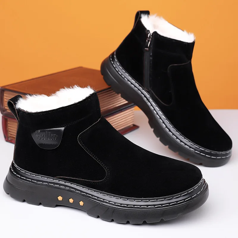 

Winter New Men's Cotton Shoes Genuine Leather Wool Fleece One-Piece Warm Casual High-Top Boots Reversible Cow Leather Men's Shoe