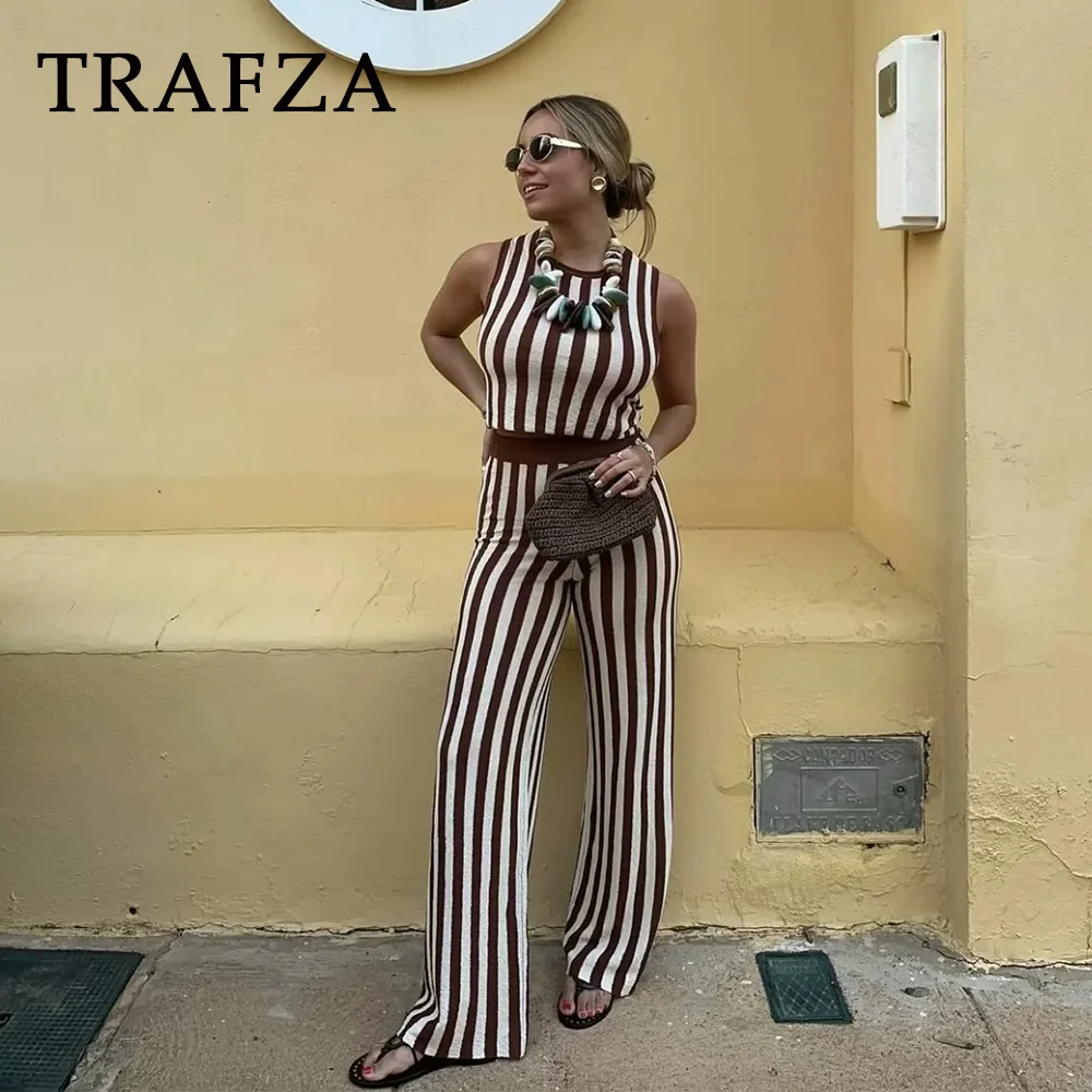 TRAFZA 2024 Spring Summer Vintage Knitted Striped Women Suits Fashion Casual O Neck Sleeveless Short Tops+High Waist Long Pants