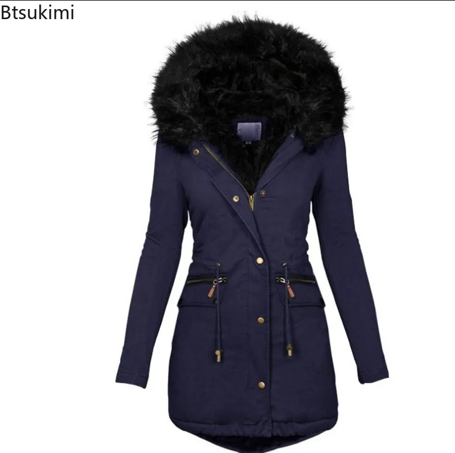 Women's Autumn Winter Thicken Solid Faux Fur Collar Hooded Parka Coat Mid Length Windproof Warm Zipper Slim Cotton Jackets Women
