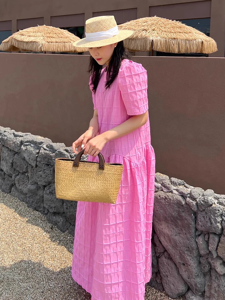 

French Puff Sleeve O-neck Maxi Dress A Line Pink Summer 2024 White Elegant Black Korean Femme Robe Slim High Waisted Sweet