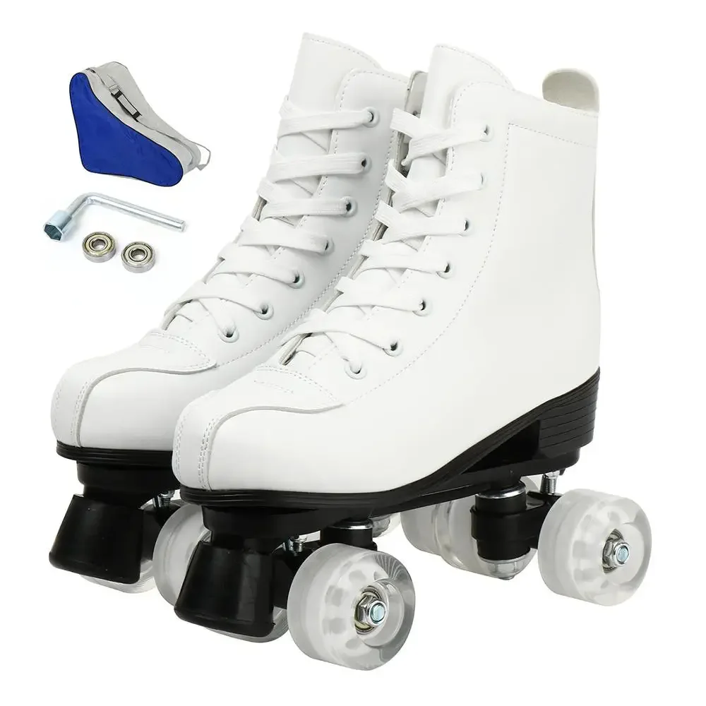 Adult PU Leather Roller Skates Skating Shoes, Quad Skates Sneakers, Europe Size, 4 Wheels Flash