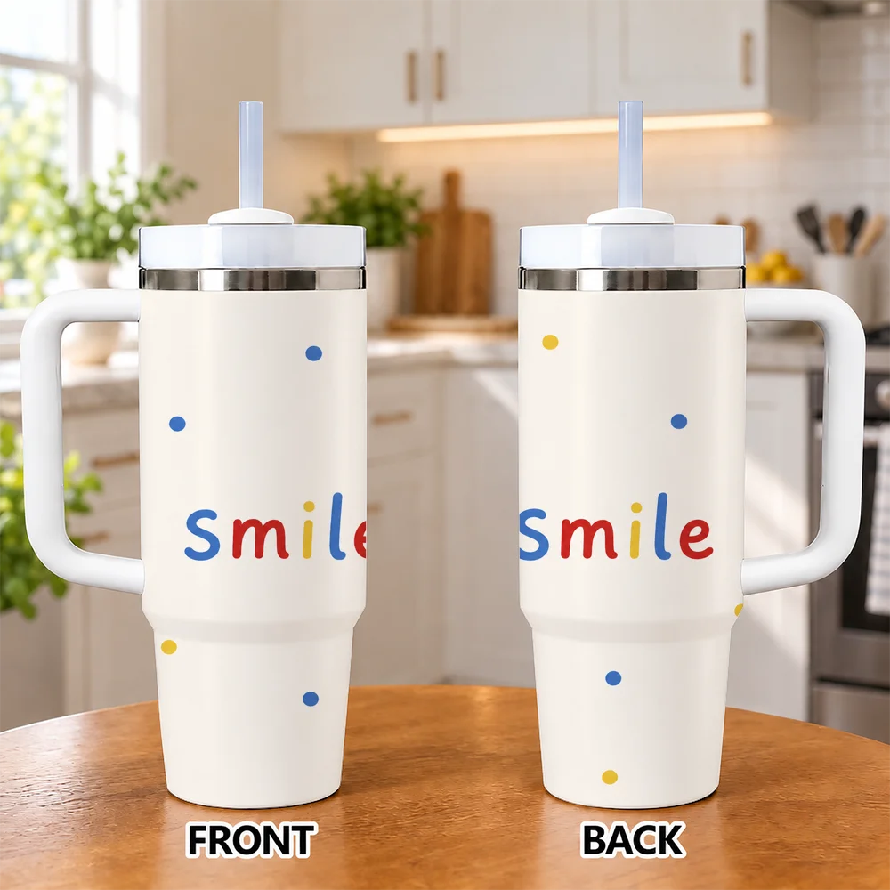 Smile Joy Love Gift Pattern Vacuum Flasks 40oz Insulated Stainless Steel Tumbler with Handle & Straw, Hot Cold Gift Cup