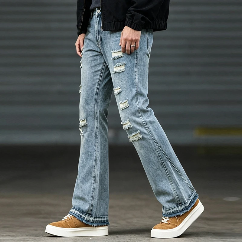 American high street ripped jeans for men, washed light blue raw edge design, slim and tall, retro bell bottoms, trendy street