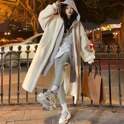 Korean version of personality fashion cashmere fake two-piece hooded coat female new winter loose wild plush trench coat female