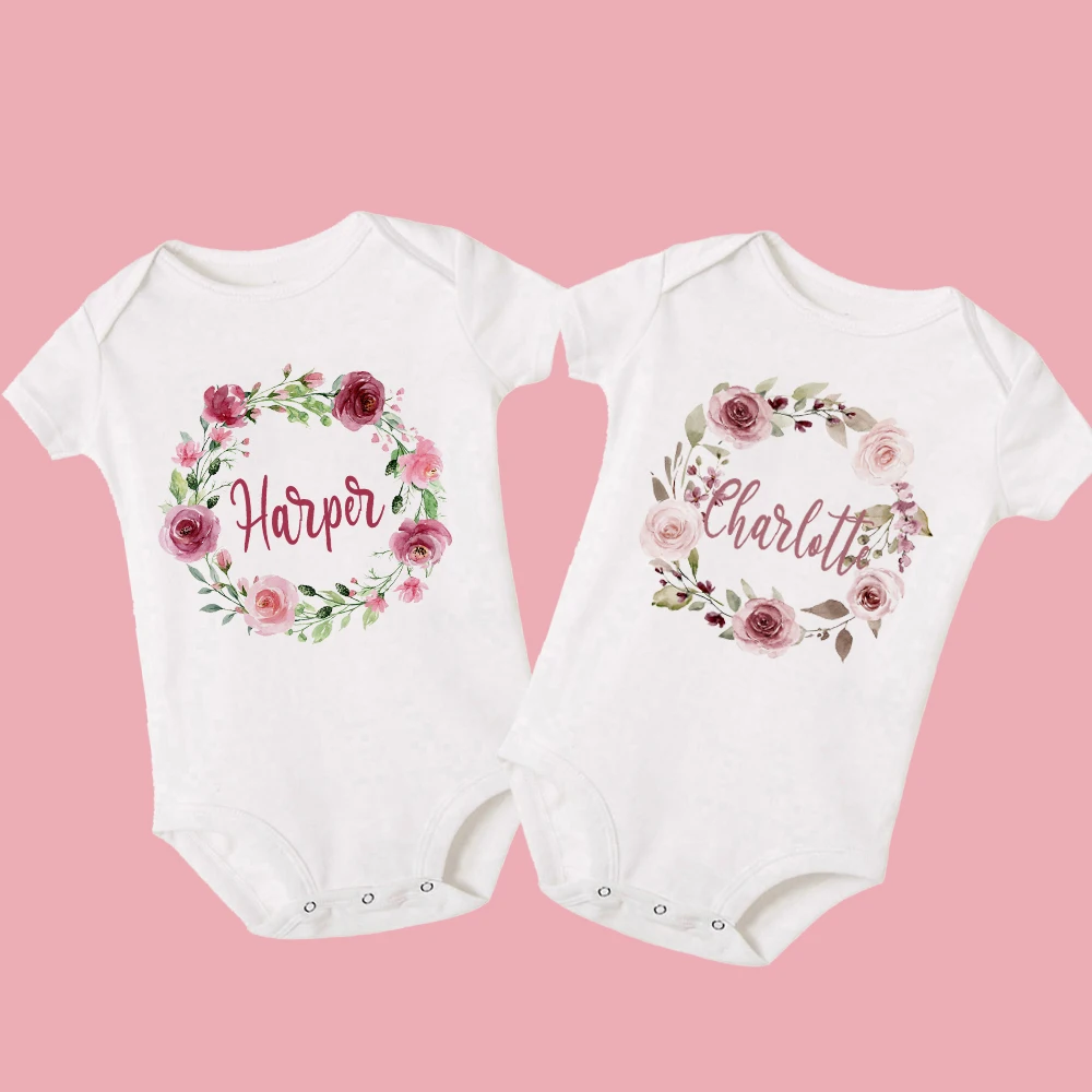 Floral Wreath Personalised New Baby Girl Clothes Personalised First Name Bodysuit Baby Shower Gift Custom Name Toddler Jumpsuit