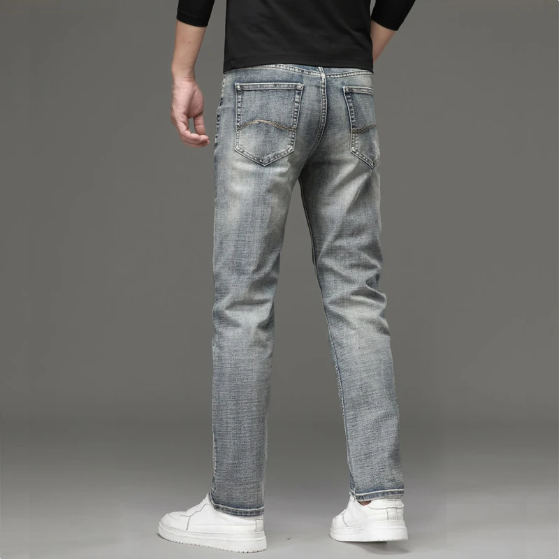 Pantalones vaqueros de algodón elásticos Vintage para hombre, pantalones vaqueros de lavado informales a la moda, rectos y ajustados, pantalones masculinos de alta calidad