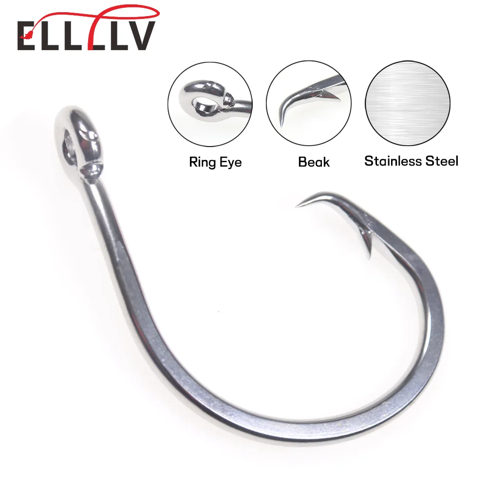 Elllv 6/0 - 18/0 Saltwater Fishing Stainless Steel Circle Hook Big Game Bait Hook for Deep Sea Tuna Shark Trolling Fishing