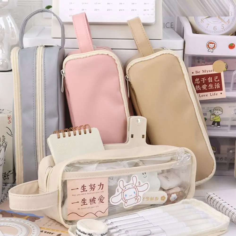 Tas alat tulis siswa lapisan ganda, tas penyimpanan Desktop anti air kapasitas besar, tas pena, tas Makeup kosmetik