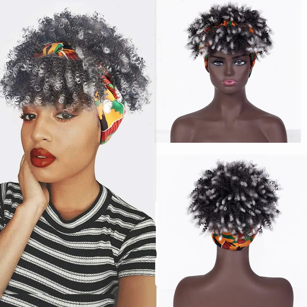 New Headscarf Wig Synthetic Hair Afro Kinky Curly With Bangs Fashion Gradient Black Color Small Curly Short Wigs for Black Women