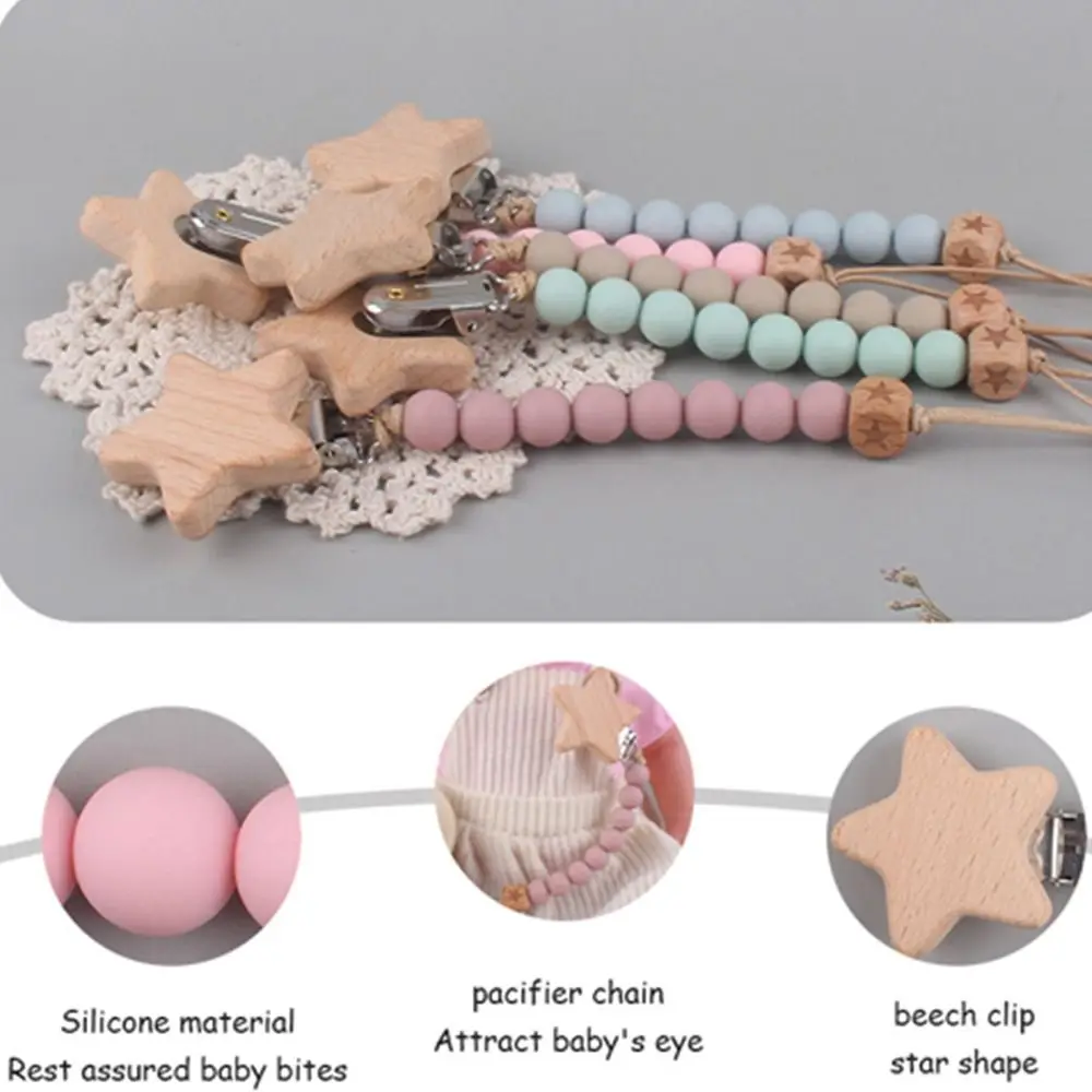 سلامة لينة الخرز مكافحة الإفلات الغذاء الصف خشب الزان سيليكون الحبل المولي سلسلة مشابك مصاصة للرضع سلاسل الطفل هوة سلسلة #5