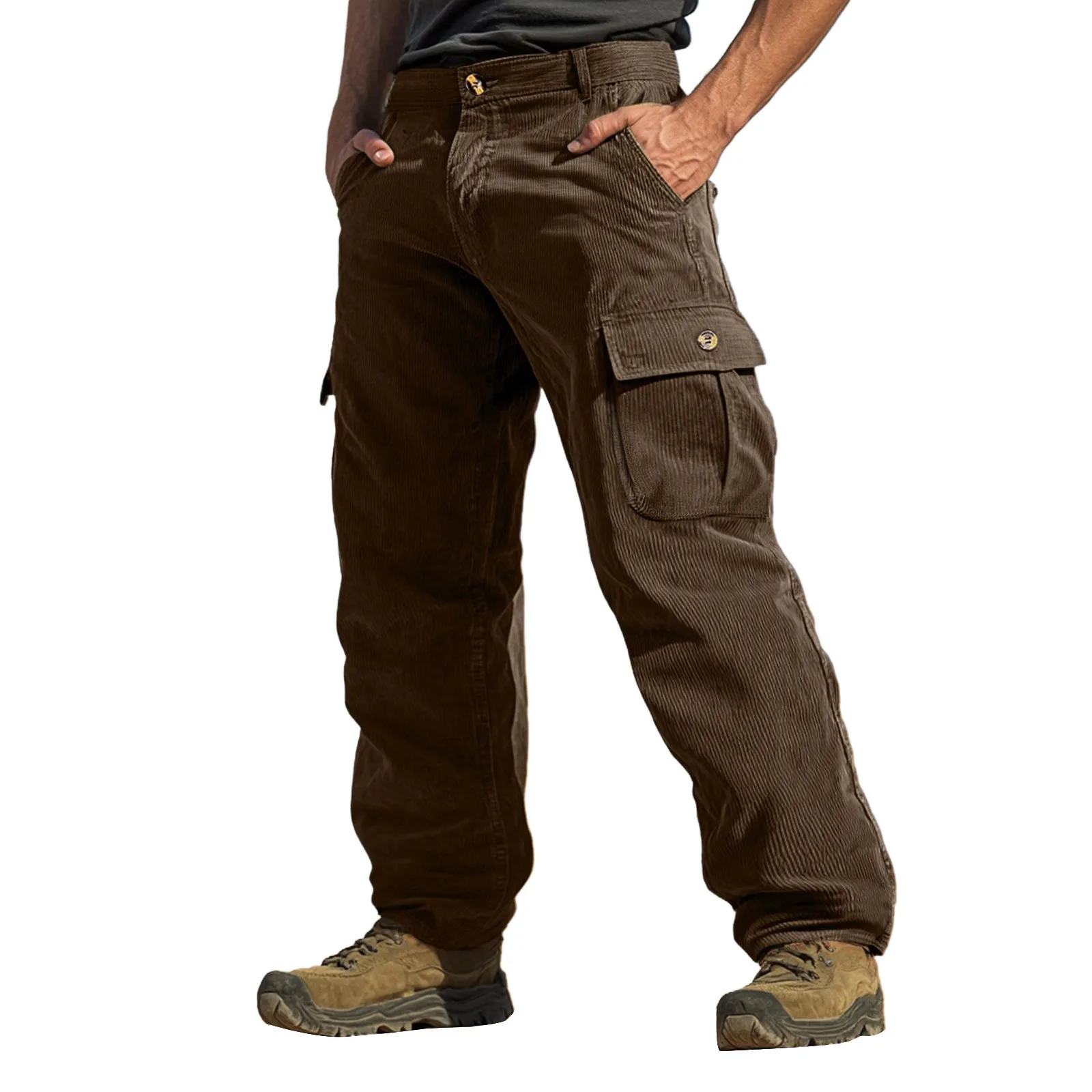 

Men's Causal Overalls Four Seasons All-Match Button Multi Pocket Cargo Pants Comfy Corduroy Fabric Daily Outdoor Hiking Pants