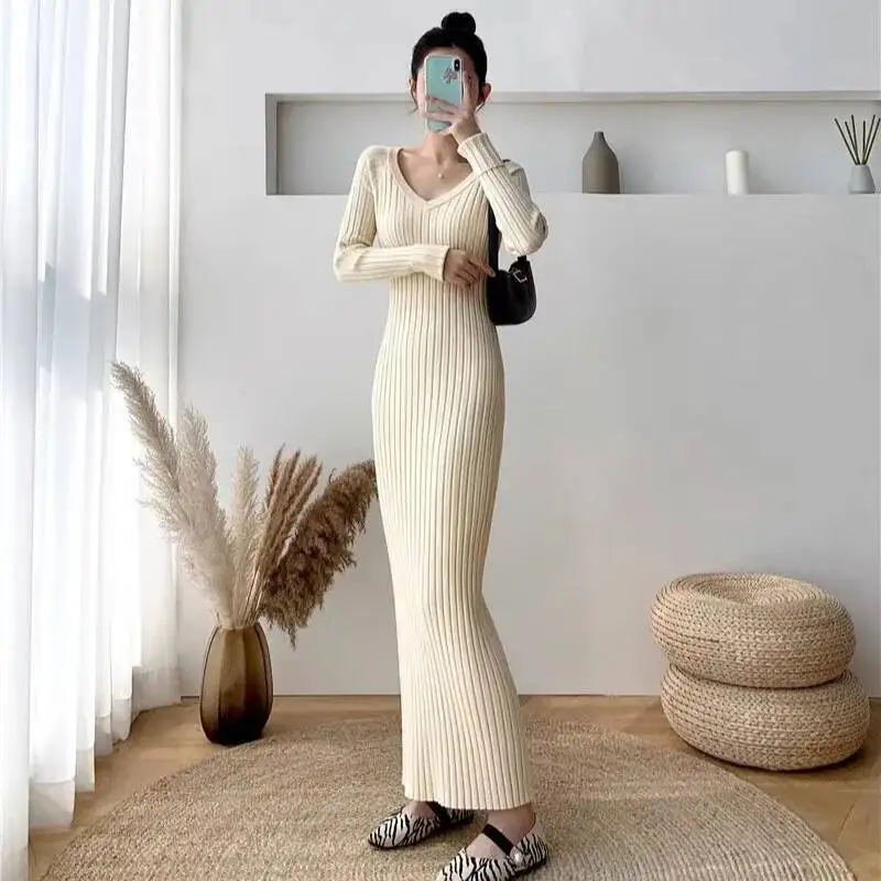 Vestido de tricô feminino 2025 outono inverno vestido de camisola feminino longo decote em v vestido de malha fino ajuste bodycon camisola vestido camada interna