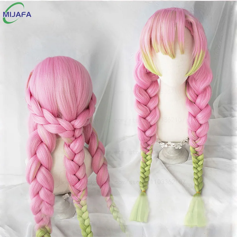 حقا جودة عالية ميتسوري كانروجي شعر مستعار تأثيري Kimetsu no Yaiba طويل الوردي الأخضر مقاومة للحرارة الشعر أنيمي تأثيري الباروكات + WigCap