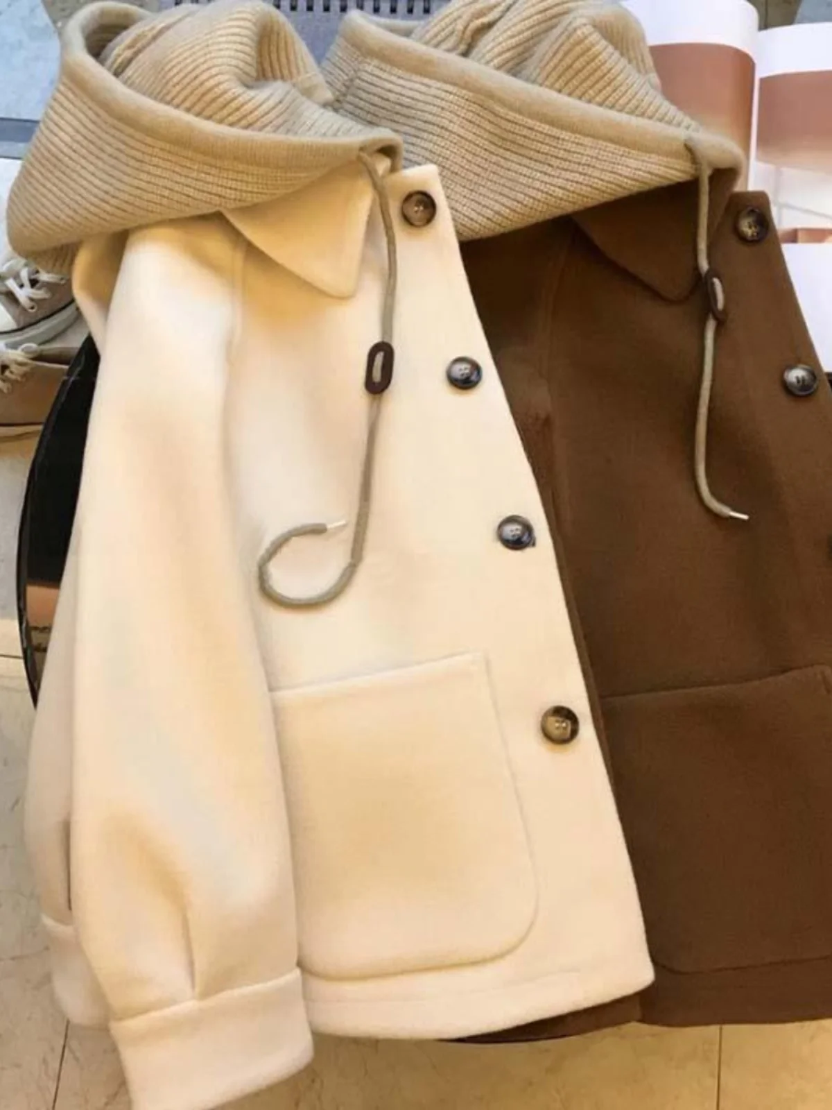 

plus Size Open Cardigan Outerwear Long Sve Woolen Hooded Loose Splicing Design Single Button Korean Sle Commute Coat
