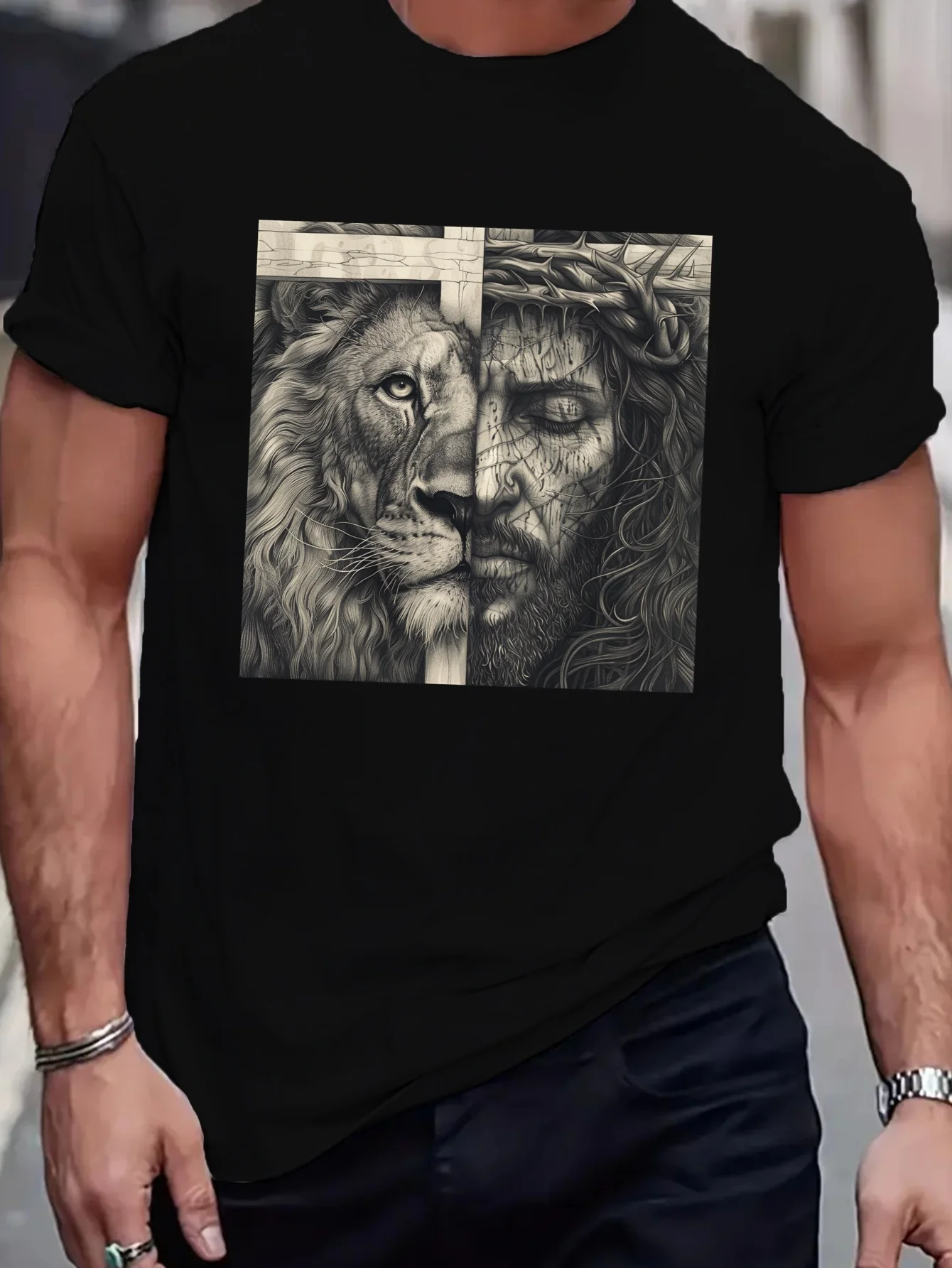 

Lion and God Print T Shirt, Tees for Men, Casual Short Sleeve T-shirt for Summer