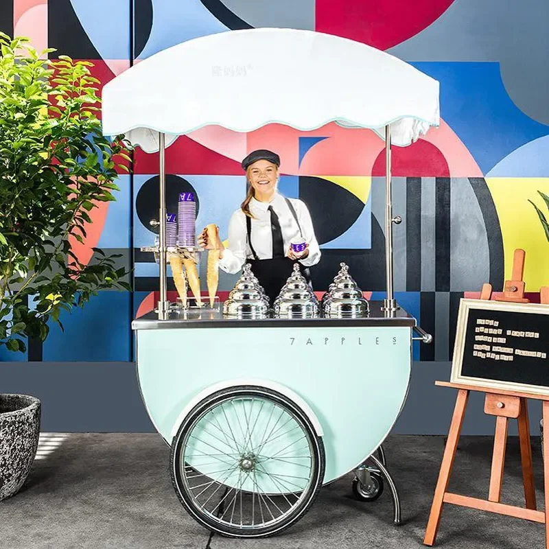 Vintage 3 Wheel Snack Cart Mobile Food Service Trolley for Fried Skewers Oden Dessert Drink Display Event Street Vendor