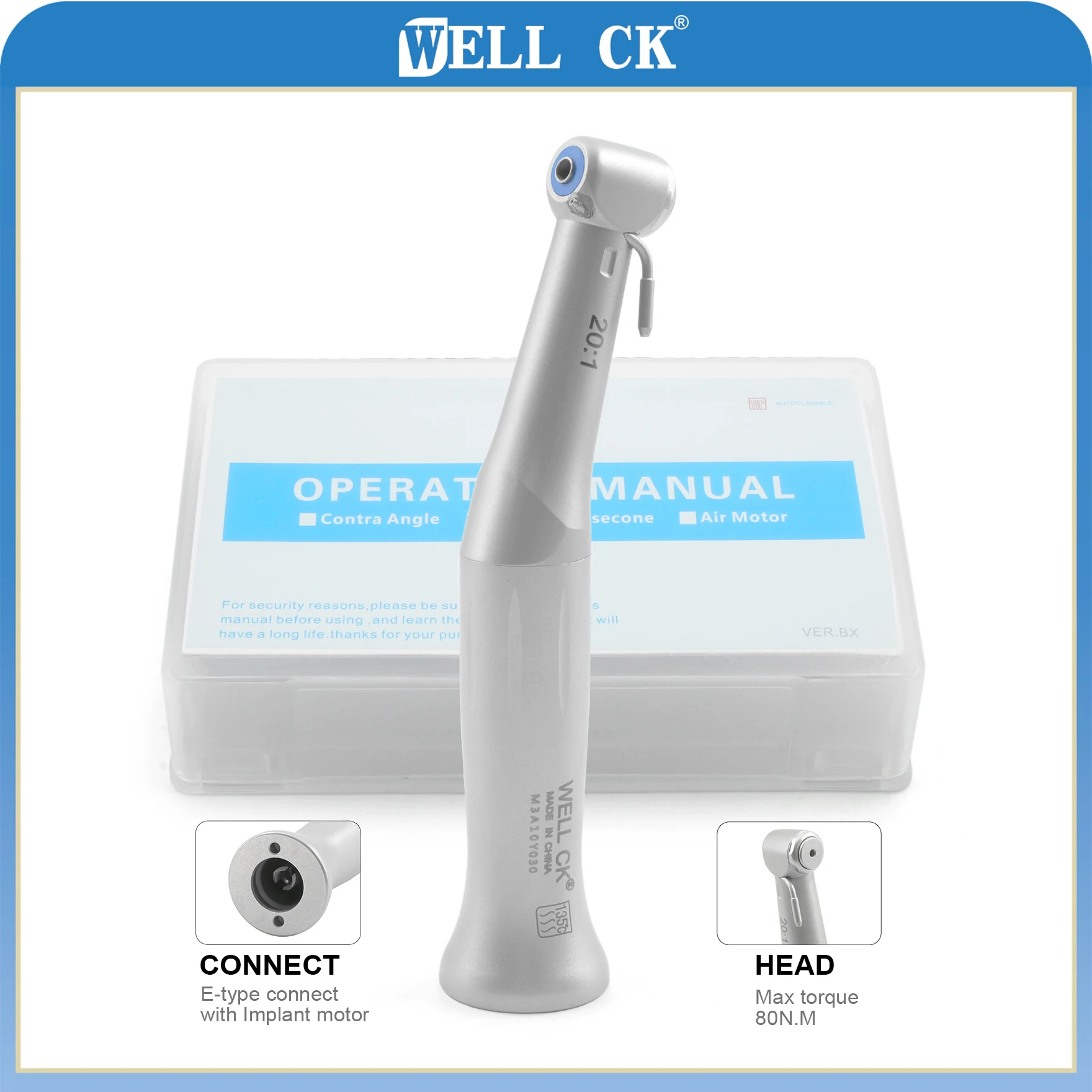 

WELLCK Dental Low Speed Handpiece 20:1 Reduction Implant Surgery Contra Angle Handpiece S-MAX SG20 Air Turbine