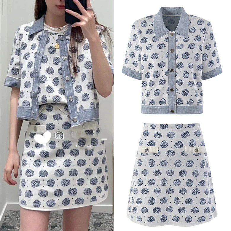 

Ele ort Sve Вязаный кардиган с отложным воротником и принтом f Юбка Сексуальный комплект жилета ort Женская высококачественная версия Faionable